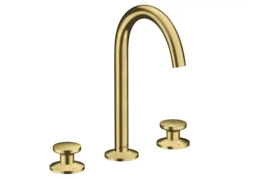 Waschtischarmatur von AXOR im Brushed Brass-Finish mit hohem Auslauf und zwei separat montierten Bedienelementen. Enthält Push-Open Ablaufgarnitur.